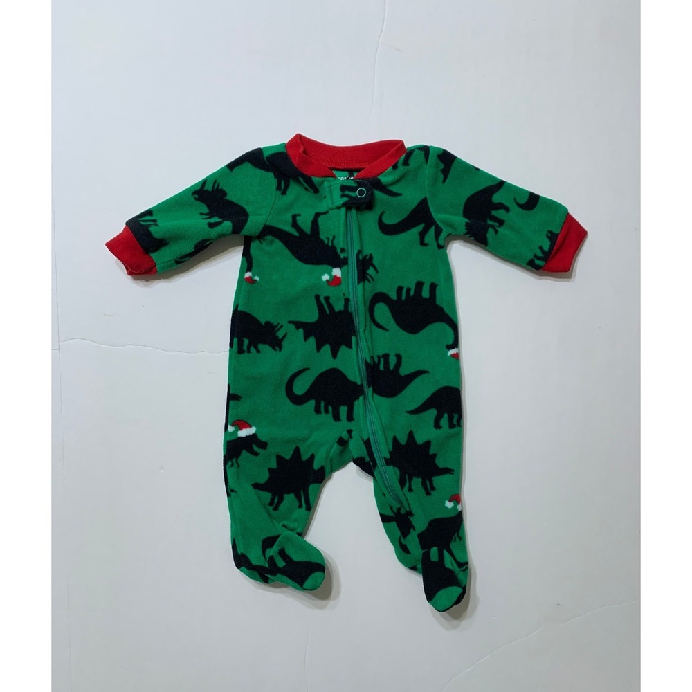 Carters Newborn Green Fleece Christmas Dinosaur Santa Hat Footed Pajamas NB